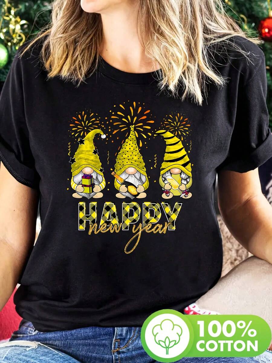 New Year's Yellow Fireworks Print T-Shirt, Short Sleeve, Round Neck, Casual Style For Summer And Spring, Women's Clothing - Unisex Loose Cotton T-Shirt, Short Sleeve, Round Neck, Urban Vintage Style. - 黑色 - 查看 1