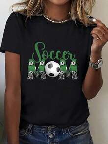 Women's Cotton Crew Neck Casual Graphic T-Shirt For Soccer Fan Mom - Soccer Ball And Letter Print In Cartoon Style, Breathable And Sweat-Absorbent Fabric, Lightweight And Stretchy Crew Neck T-Shirt For Sporting Events And Casual Wear, Clothing For Sports Fans, Medium Elasticity Simple T-Shirt For Everyday Wear - 黑色 - 查看 1