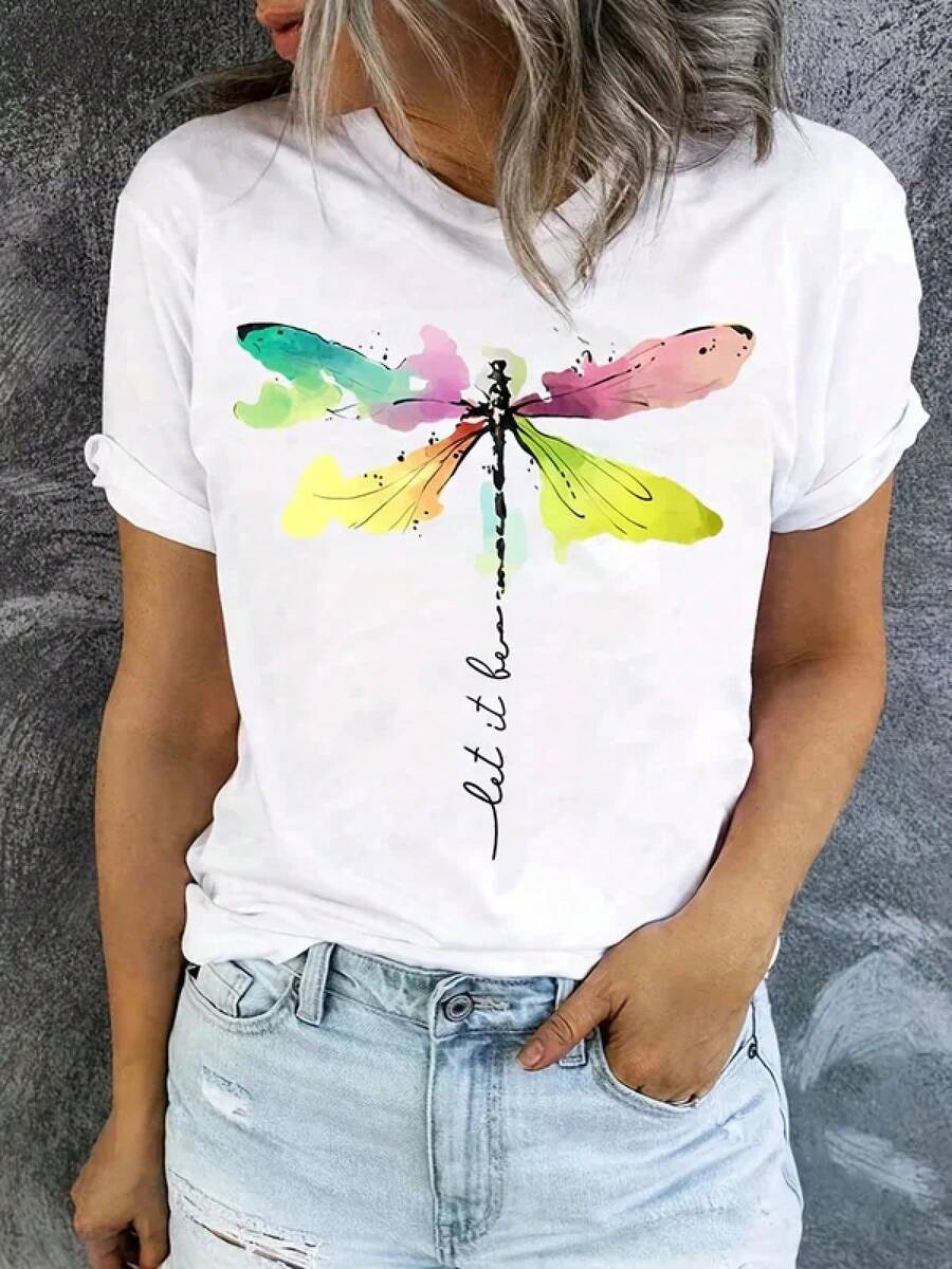 Dragonfly Print Crew Neck T-Shirt, Casual Short Sleeve T-Shirt For Spring And Summer, Women's Clothing, Fashion Clothing, Plus Sizes - Vintage Urban Style, Unisex Loose Fit Cotton Short Sleeve Crew Neck T-Shirt - 白色 - 查看 1