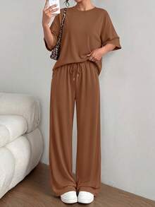 PRETTYGARDEN Women's Summer Clothes 2 Piece Sets Lounge For Short Sleeve Matching Airport Travel Outfits Casual Brown Vacation Summer Brunch Outfits For Women Mothers Day Outfit - 棕色 - 查看 4