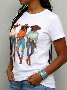 Women's 100% Cotton T-Shirt, Round Neck, Summer T-Shirt With African American Cowgirl Print, Western Texas Rodeo Style, Perfect For Holiday Outfits And Birthday Celebrations, Casual Daily Wear. - 白色 - 查看 4