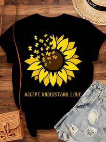 Sunflower Autism Awareness T-Shirt, Acceptance, Understanding And Love T-Shirt For Men And Women, Autism Support Gift, Summer Casual Wear, 220g - Urban Vintage Style, Unisex Short Sleeve Crew Neck T-Shirt Made Of 100% Pure Cotton - 黑色 - 查看 4