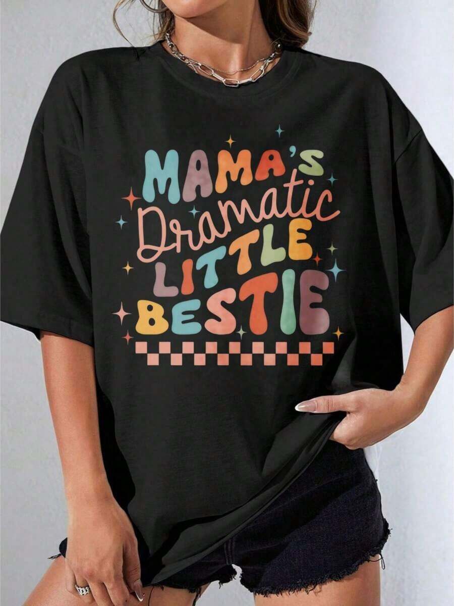 Girls' White T-Shirt, Oversized White T-Shirt With Colorful Text And Star Print "Mama's Dramatic Little Bestie" For Casual Wear, Outdoor Parties, Pure Cotton Casual Printed T-Shirt - 黑色 - 查看 1