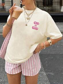 New 2026 Collection: Women's Double-Sided Printed Cotton T-Shirt - Pink Bubble Print With The Phrase "God Is Kind", For Summer And Spring, Women's Clothing, Comfortable And Practical, Short-Sleeved T-Shirt With Round Neck And Loose Fit. - 杏色 - 查看 3