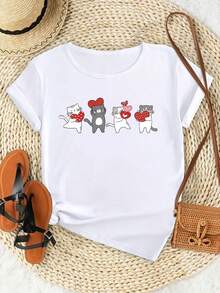 A Beautiful, Elegant, Fashionable Women's Party Top With A Cute Cat Heart Print For Valentine's Day, Loose But Fitted, Soft, Machine Washable, Stretchy, With A Round Neck And Short Sleeves. - 白色 - 查看 1
