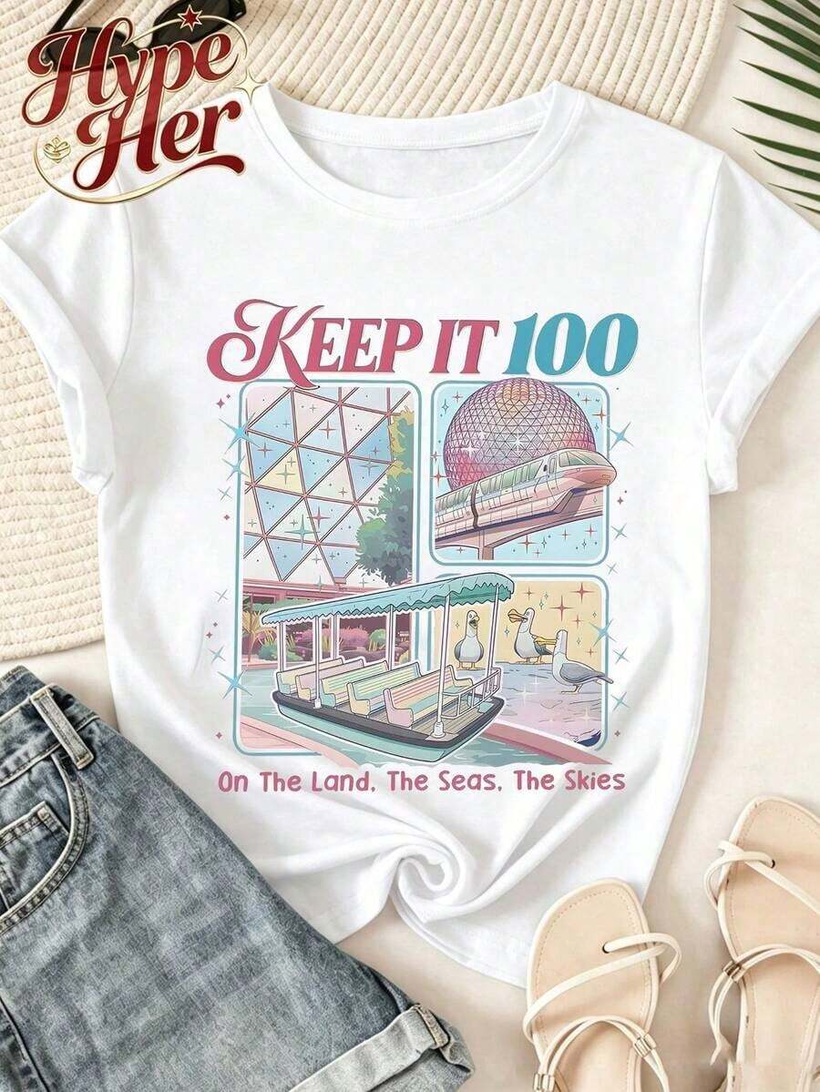 HypeHer Women's New Summer 2026 T-Shirt, Short Sleeve, Regular Crew Neck, Casual Monorail Theme Print, Cotton Blend, Ideal Gift For Girls Or Moms, Summer Fit For Women. Breathable And Comfortable. - 白色 2 - 查看 1
