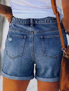 Women's Solid Color Casual Loose Cuffed Denim Shorts, Versatile Daily Wear Summer - Dark Wash - View 4