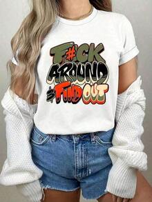 100% Cotton Women's Round Neck T-Shirt With 'F Around And Find Out' Print, Short Sleeve, Casual, For Summer, Everyday Wear. Women's Simple Solid Color T-Shirt, Loose And Slim Fit Casual Short Sleeve - 白色的 - 查看 7