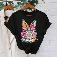 Women's Cotton T-Shirt With Easter Bunny Print, Short Sleeve, Round Neck, Casual Style With Floral Rabbit Graphic, Loose Fit For Spring Holidays, Soft Sizes - 黑色 - 查看 7