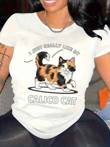 Plus Size Crew Neck T-Shirt For Women, From PremiumLoose, With Cat Print - Casual Floral Top For Spring, Summer And Autumn, Featuring A Cartoon Animal Print Design, Stylish And Elegant Clothing For Women. Gift Idea. - 白色 - 查看 1