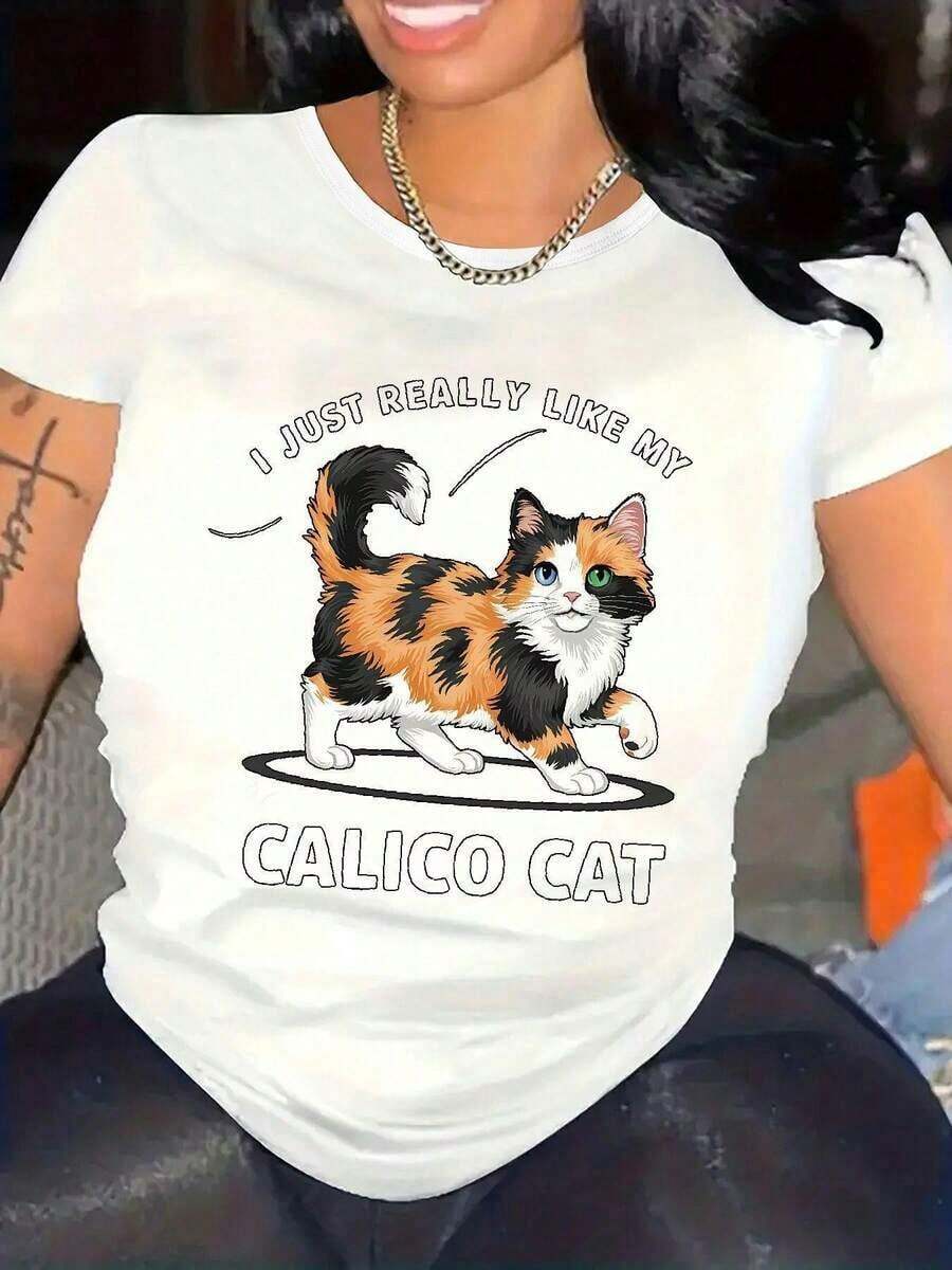 Plus Size Crew Neck T-Shirt For Women, From PremiumLoose, With Cat Print - Casual Floral Top For Spring, Summer And Autumn, Featuring A Cartoon Animal Print Design, Stylish And Elegant Clothing For Women. Gift Idea. - 白色 - 查看 1