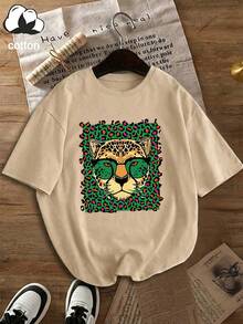 Maglietta casual da donna taglie forti con stampa leopardata e occhiali alla moda, scollo rotondo, maniche corte, per vacanze primavera/estate - Albicocca - Visualizzare 2
