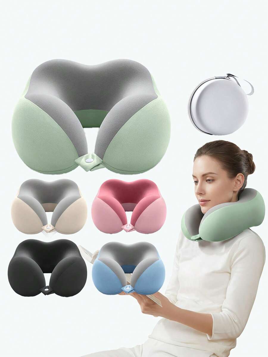 1pc Ergonomic Travel U-Shaped Neck Pillow With Portable Storage Box, Neck Support Sleep Pillow, Suitable For Airplane, Train Travel And Office Nap - Multicolor - View 1