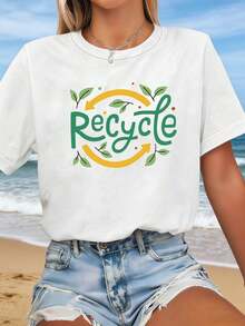 Plus Size Women's T-Shirt, Plus Size Women's T-Shirt With  Print - Short Sleeve Top With Round Neck And Recycling Symbol, Casual Spring Summer Blouse Suitable For Daily Wear, Commuting, And Outdoor Activities - 白色 - 查看 1
