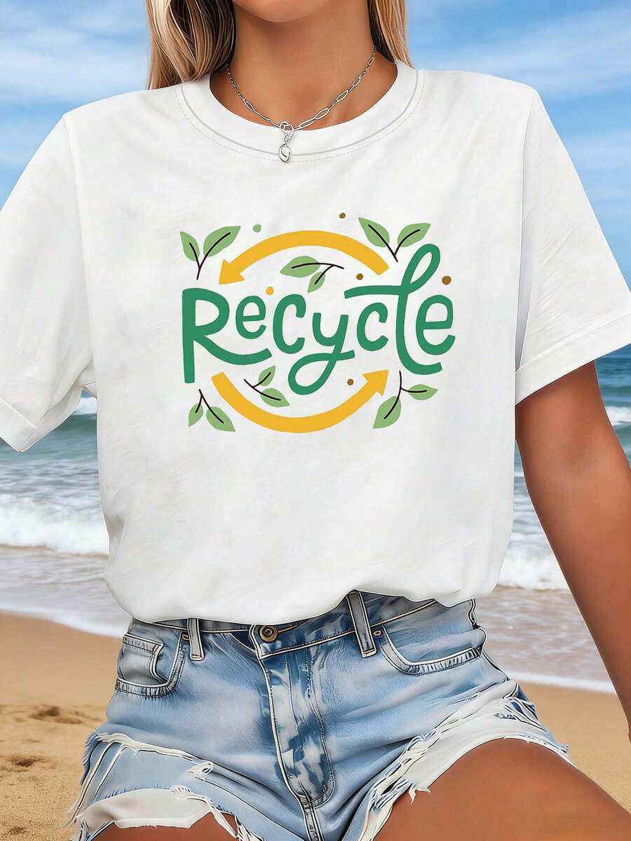 Plus Size Women's T-Shirt, Plus Size Women's T-Shirt With  Print - Short Sleeve Top With Round Neck And Recycling Symbol, Casual Spring Summer Blouse Suitable For Daily Wear, Commuting, And Outdoor Activities - 白色 - 查看 1
