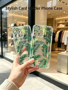 1 unidad Patrón tropical de hojas de palma Funda para iPhone 17 PROMAX, protección anticaída con airbag reforzado en las cuatro esquinas, tarjetero invisible integrado en la parte trasera, compatible para tarjeta personal, carnet de conducir, tarjeta de acceso y tarjeta de transporte, funda protectora antigolpes portátil con ranura para tarjetas, diseño sencillo y elegante, ideal para uso diario, desplazamientos y viajes - transparente - Ver 3