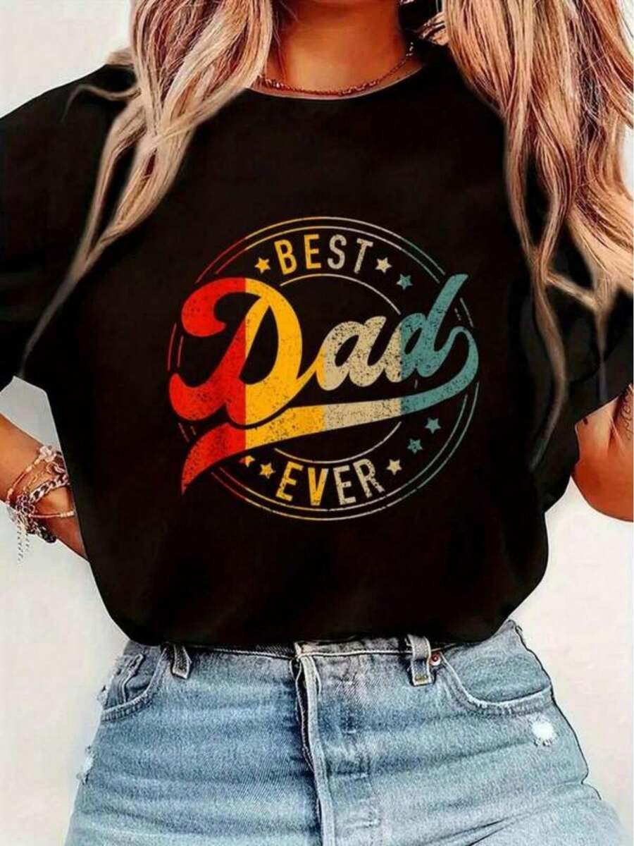 Women's Loose-Fitting T-Shirt, Casual T-Shirt Printed With "Vintage Best Dad Ever Typography" Print, Suitable For All Seasons, Everyday Wear T-Shirt, Ideal Gift, Fashionable Choice. - 黑色 - 查看 1