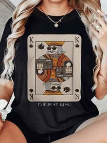 Women's Plus-Size Summer T-Shirt With A Round Neck, Comfortable And Cool, Short Sleeves, Featuring A "The Beat King Card With DJ King" Design. Multifunctional, Comfortable, And Breathable, Ideal For Vacations, Everyday Wear, Holiday Gifts, And More. - 黑色 - 查看 1