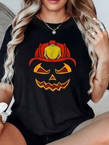 Women's Plus Size Summer T-Shirt, Round Neck, Comfortable And Cool, Short Sleeve, With Pumpkin Face Design Wearing A Firefighter Helmet, Multifunctional, Comfortable And Breathable, Ideal For Vacations, Daily Outings, Christmas Gifts... - 黑色 - 查看 1