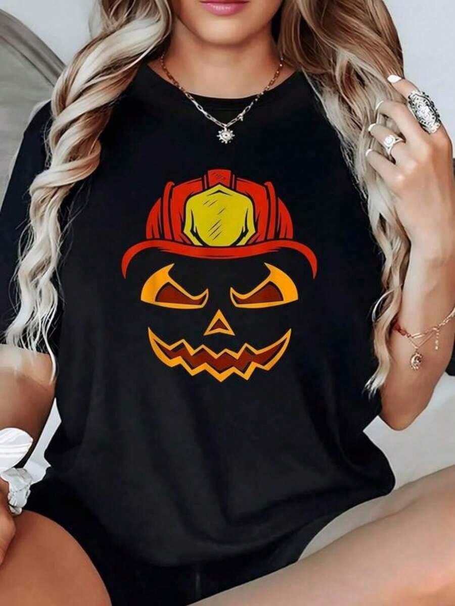 Women's Plus Size Summer T-Shirt, Round Neck, Comfortable And Cool, Short Sleeve, With Pumpkin Face Design Wearing A Firefighter Helmet, Multifunctional, Comfortable And Breathable, Ideal For Vacations, Daily Outings, Christmas Gifts... - 黑色 - 查看 1