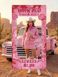 1pc, Western Cowboy Pink Hollowed-Out Banner, Made Of Polyester Material, Suitable For Decoration At Cowboy-Themed Parties, Music Festivals, Weddings, Bridal Parties, Birthdays, Indoor/Outdoor Settings, Home Decor, Garden, Courtyard Decoration, And General Themes. - A - View 2