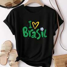 [Brazil Soccer Jersey] Women's Brazil Soccer Jersey - Short Sleeve T-Shirt With Brazilian Soccer Print And "I Love Brazil" Design, Machine Washable, Casual Wear And For Fans Of Matches/Training (Brazilian Style) - 黑 - 查看 1