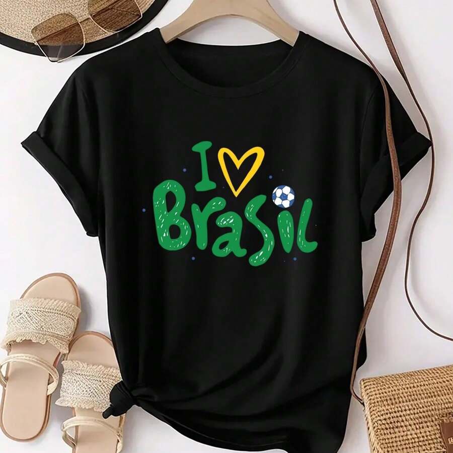[Brazil Soccer Jersey] Women's Brazil Soccer Jersey - Short Sleeve T-Shirt With Brazilian Soccer Print And "I Love Brazil" Design, Machine Washable, Casual Wear And For Fans Of Matches/Training (Brazilian Style) - 黑 - 查看 1