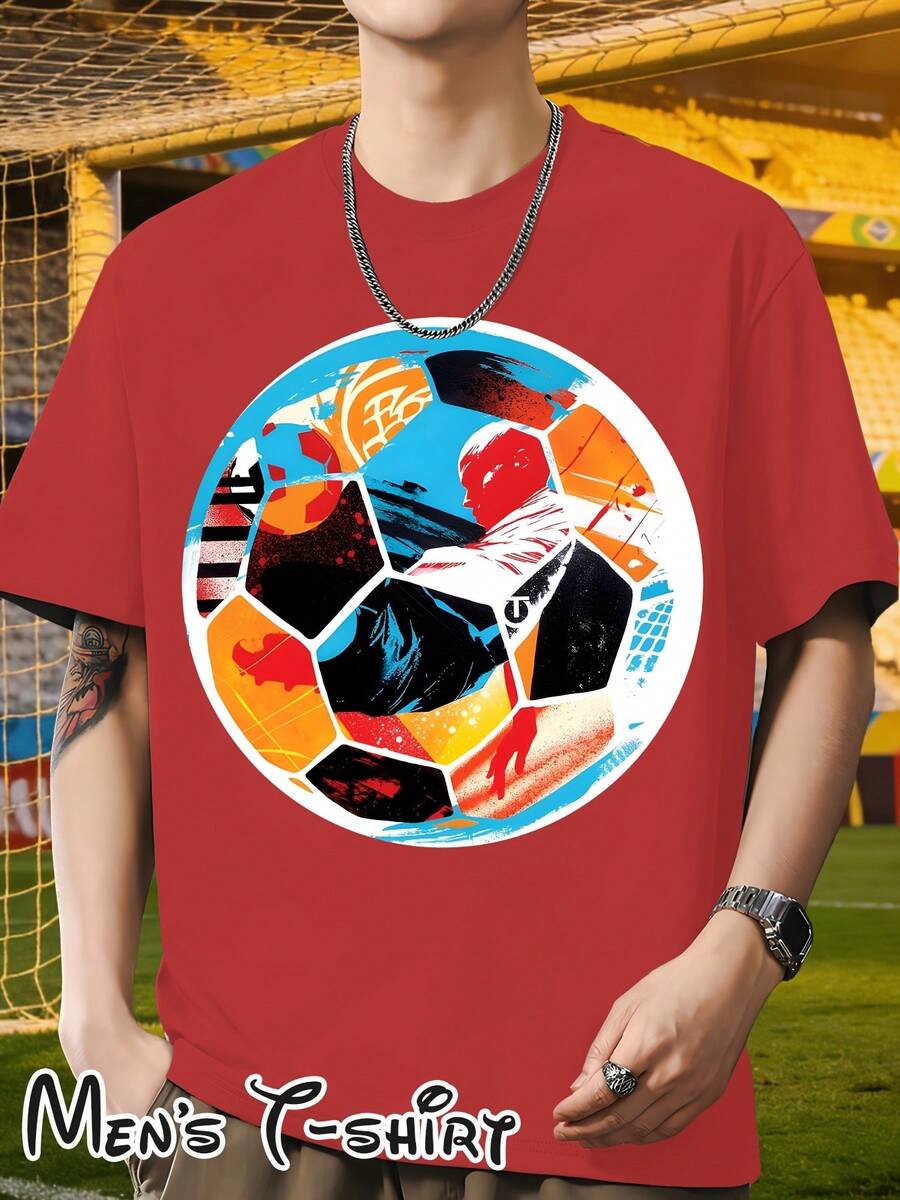 [Popular Licensed Design] Short-Sleeved T-Shirt With "Color Block Mosaic Style" Print, Artistic And Fashionable Outfit, Perfect For Casual Dinners And Sightseeing Walks, Football Collage Art Style, Suitable For Art Exhibitions, Casual Daily Wear, Student Outings And As A Gift For Football Art Fans. - 紅色 - 查看 1