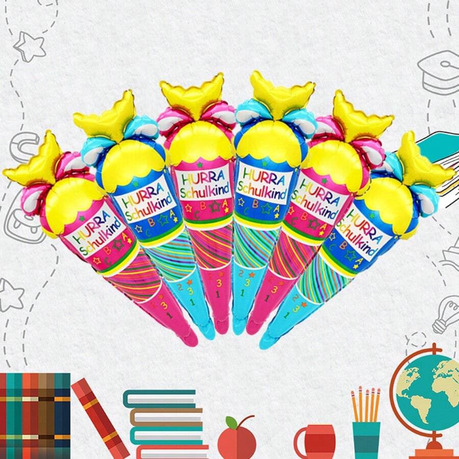 6pcs Blue Pink German Hurra Schulkind Ice Cream Shape Foil Balloons Set Back To School Sticks Balloon Homecoming Decorations Schulkind Inflatable Toys - View 1
