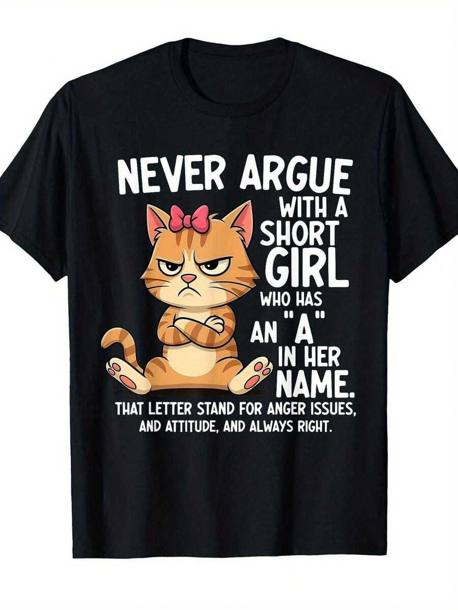 Camiseta Deportiva Casual para Mujer de Cuello Redondo Negra con Diseño de Gato Gruñón y Texto Humorístico - Camiseta Elástica, Lavable aáquina, Ajuste Cómodo y Perfecta para Todas las Estaciones, para Ocio y Estilo Divertido. - Negro - Ver 1