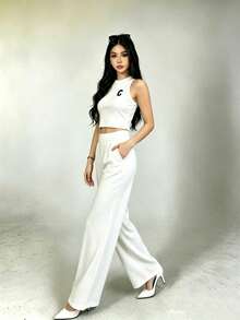 2-Piece Set Of Tank Top And Solid-Color Pants For Casual Holiday Wear - White - View 5