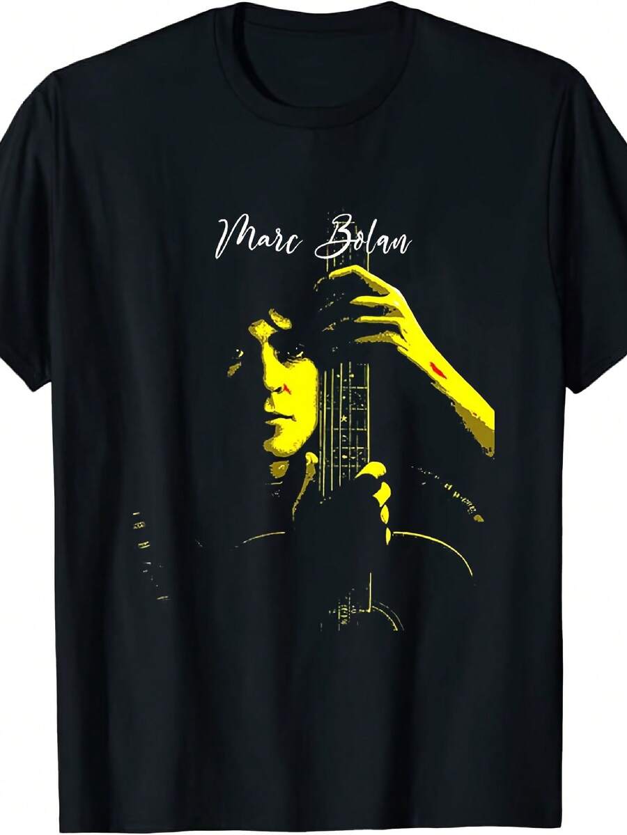 Men's Vintage Fashion T-Shirt With Funny Mark Bolan Print, Rock Star Portrait, Nostalgic Retro Style, Fashion Statement For Music Lovers, Lightweight, Comfortable, Versatile For Daily Casual Wear, Suitable For Home, Office, Parties, Meetings And Travel. - 黑色 - 查看 1