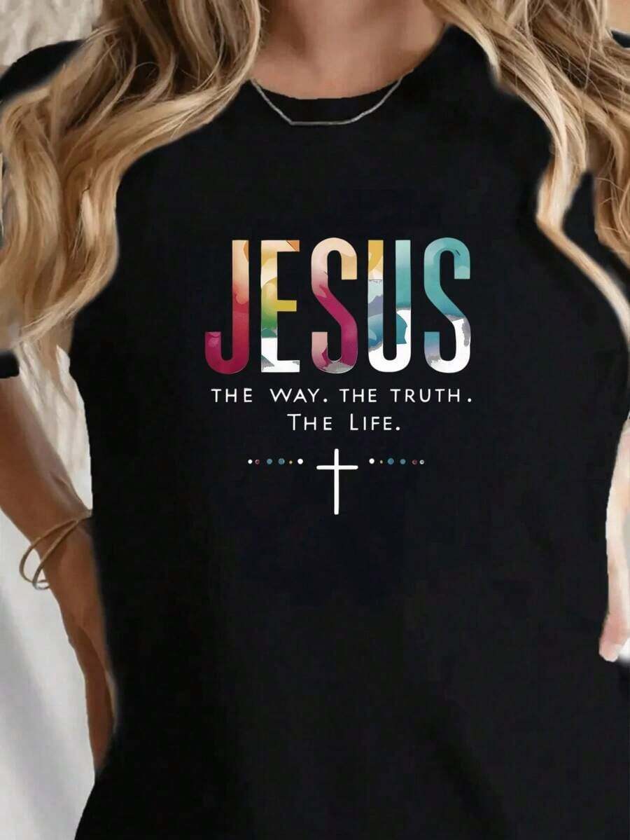 Camiseta Blanca con Estampado de Jesús, La Vía, La Verdad, La Vida y Cruz Arcoíris, Declaración de Fe Cristiana, Ropa Casual para Mujer, Atuendos Diarios, Eventos de Iglesia, Playera mujer manga corta casual - Negro - Ver 1