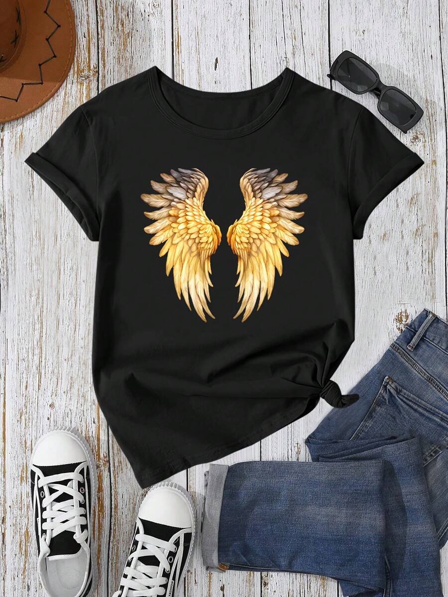 Camiseta Casual de Verano con Estampado de Alas de Ángel Doradas - Negro - Ver 1
