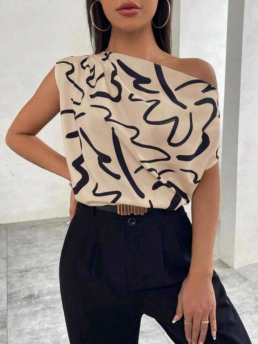 Blusa de mujer con estampado floral, cuello asimétrico y manga corta - Caqui - Ver 1