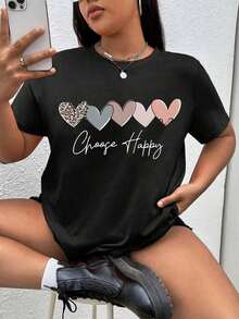 T-Shirts With Lettering And Heart Prints, Printed T-Shirts For Women, Casual Shirts For Women; Women's T-Shirts; Spring/Summer Clothing For Women; Tops - 黑色 - 查看 1