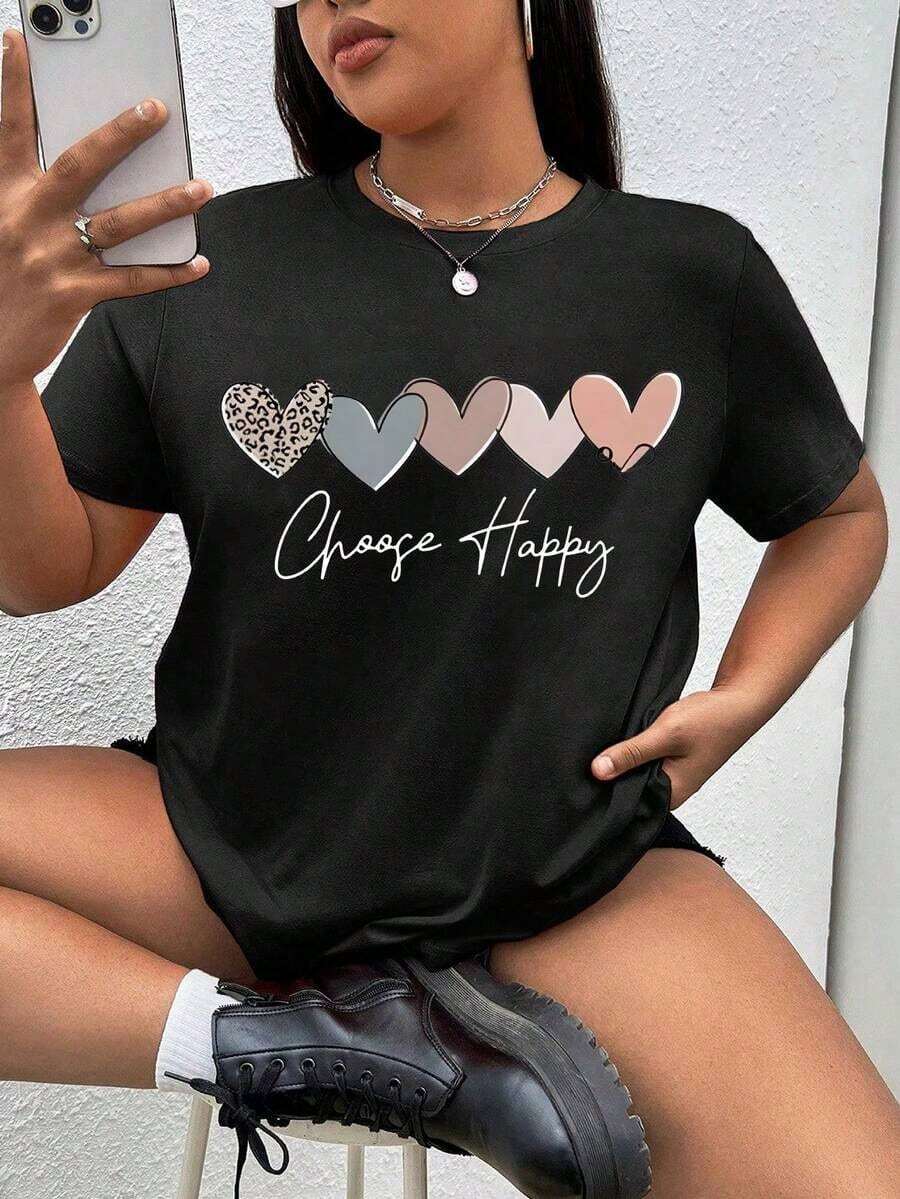 T-Shirts With Lettering And Heart Prints, Printed T-Shirts For Women, Casual Shirts For Women; Women's T-Shirts; Spring/Summer Clothing For Women; Tops - 黑色 - 查看 1
