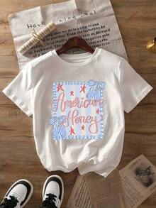 American Honey Preppy Graphic Print Summer T-Shirt, Short Sleeve, Round Neck, Casual Top For Women For Summer And Spring, Breathable And Comfortable Women's Clothing - 白色 - 查看 2