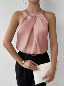 Blusa de crepé champán con cuello fruncido, sin mangas, elegante y sencilla para la oficina, para uso diario y de oficina - Rosa vieja - Ver 7
