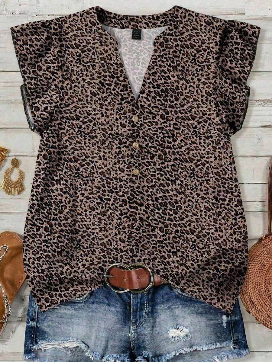 Blusa suelta de estampado de leopardo con cuello en V y mangas cortas, para mujer talla grande, ropa de vacaciones, ropa de verano, blusas de verano, ropa exterior, blusas de verano lindas, ropa de verano para mujer - Multicolor - Ver 1