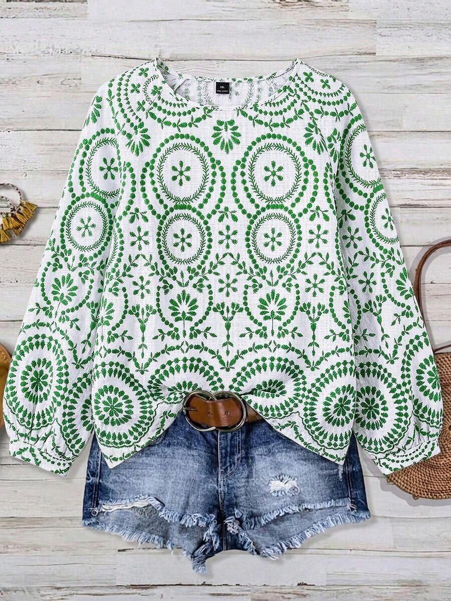Camisa de Body completo con estampado botánico minimalista de talla grande, blusa de moda elegante para mujer, parte superior de primavera/otoño - Multicolor - Ver 1
