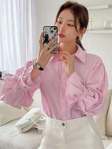 Camisa con volantes y hombros caídos a rayas verticales, blusas de manga larga, ropa de otoño - Rosa Pálido - Ver 7