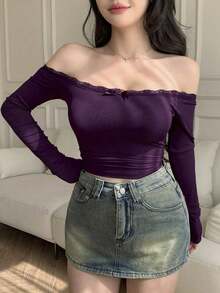 Camiseta ajustada para mujer con hombros descubiertos, con encaje y lazo de contraste, manga larga, top con hombros descubiertos - Morado - Ver 5