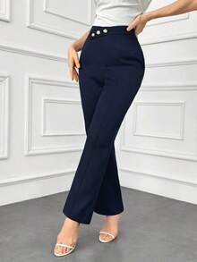 Pantalones elegantes de mujer con pierna recta, cintura suelta y detalles de botones para otoño/invierno - Azul marino - Ver 6