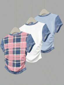 Set de 3 blusas de mujer con estampado de rayas, cuadros y gráficos, de manga corta y con efecto de cintura ceñida - Multicolor 14 - Ver 2