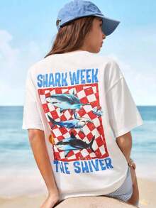 X Women's Short Sleeve Crew Neck T-Shirt With Shark Graphic And Lettering | Exquisite Design | Loose And Comfortable | Easy To Match | - White - View 1