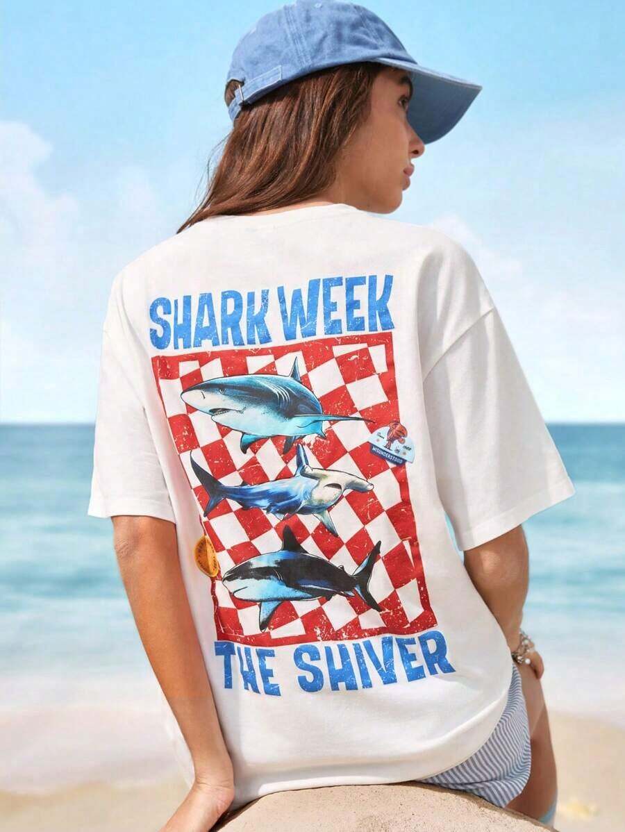 X Women's Short Sleeve Crew Neck T-Shirt With Shark Graphic And Lettering | Exquisite Design | Loose And Comfortable | Easy To Match | - White - View 1