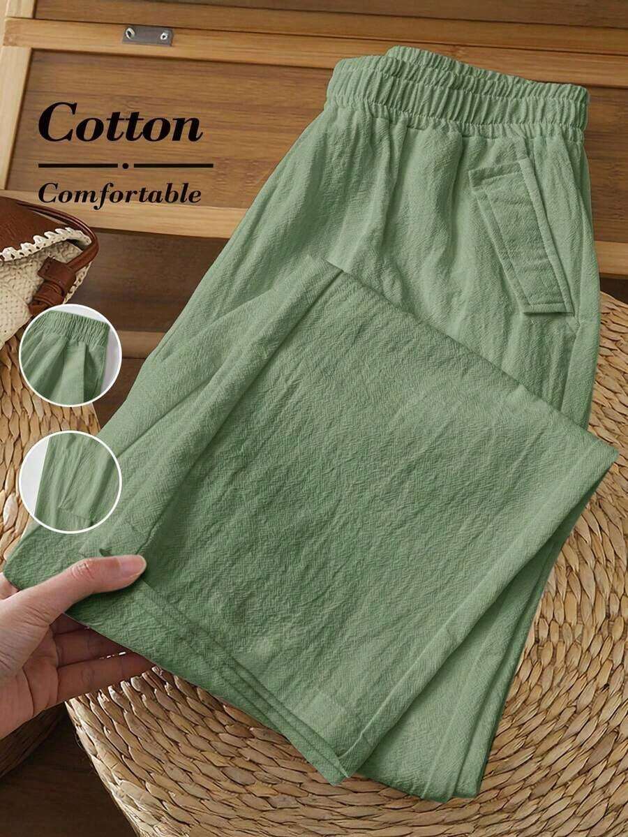 Pantalones casuales de mujer de unicolor y bolsillos minimalistas - Verde - Ver 1