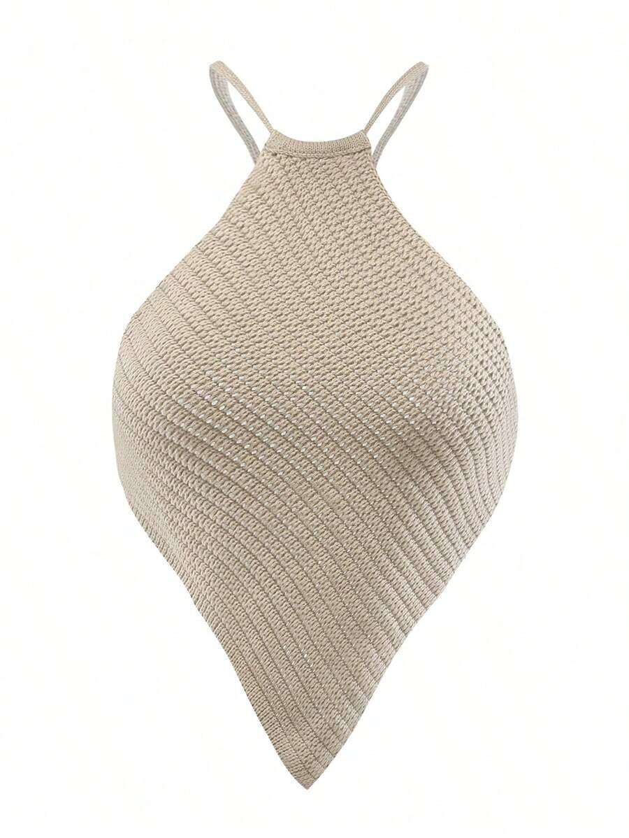Blusa de punto de mujer de verano con cuello halter, dobladillo asimétrico y unicolor - Albaricoque 3 - Ver 1