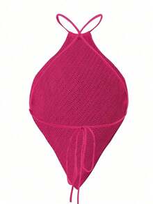 Blusa de punto de mujer de verano con cuello halter, dobladillo asimétrico y unicolor - Rosa Fucsia - Ver 2